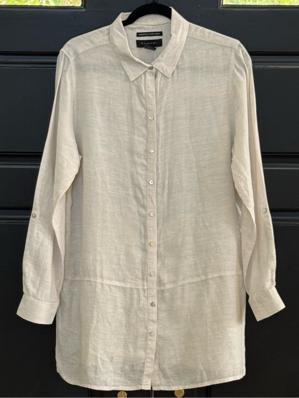 Tahari Essentials 100% Linen Long Button Down Tunic Shirt L Ivory